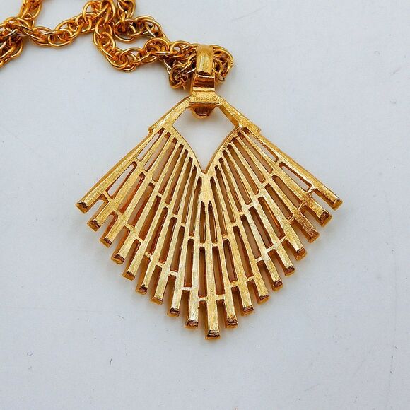 Crown Trifari Pendant Fan Gold Tone Necklace Chain Dual Texture Art Deco - Picture 4 of 8